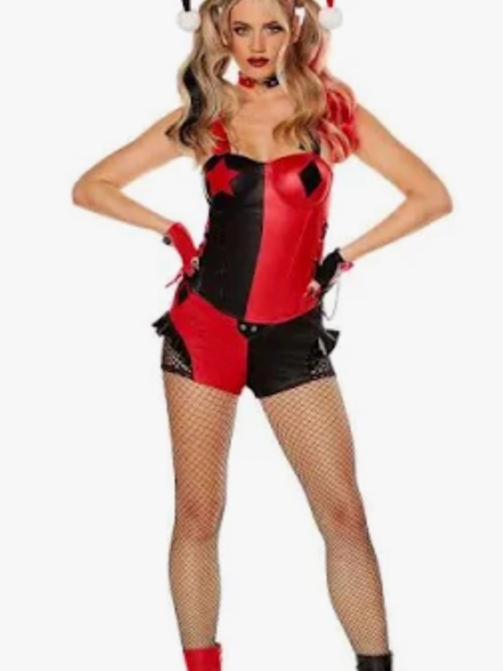 DC Harley Quinn Black and Red Faux-Leather Costume Dress with Gloves